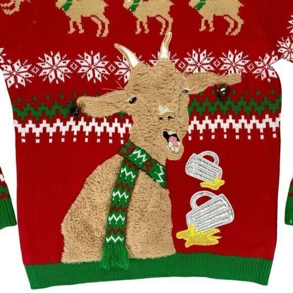 JOLLY SWEATERS Goat drinking Beer Ugly Christmas Sweater Holiday Unisex L Red - Picture 5 of 15
